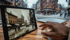 Black Wall Street: Tulsa’s Greenwood District and the Legacy of Economic Power 3 A modern entrepreneur's hand on a tablet showing historic Black Wall Street, illustrating why Greenwood's economic legacy remains relevant today.