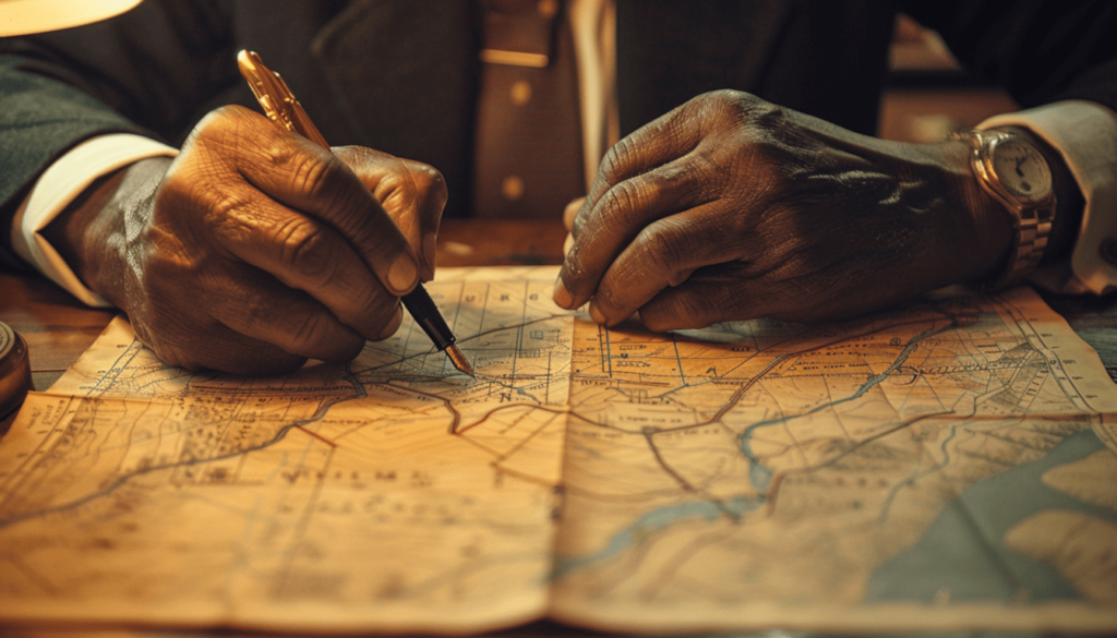 A close-up of O.W. Gurley's hands drawing property lines on a map of the Greenwood District, symbolizing the meticulous planning behind Black Wall Street.