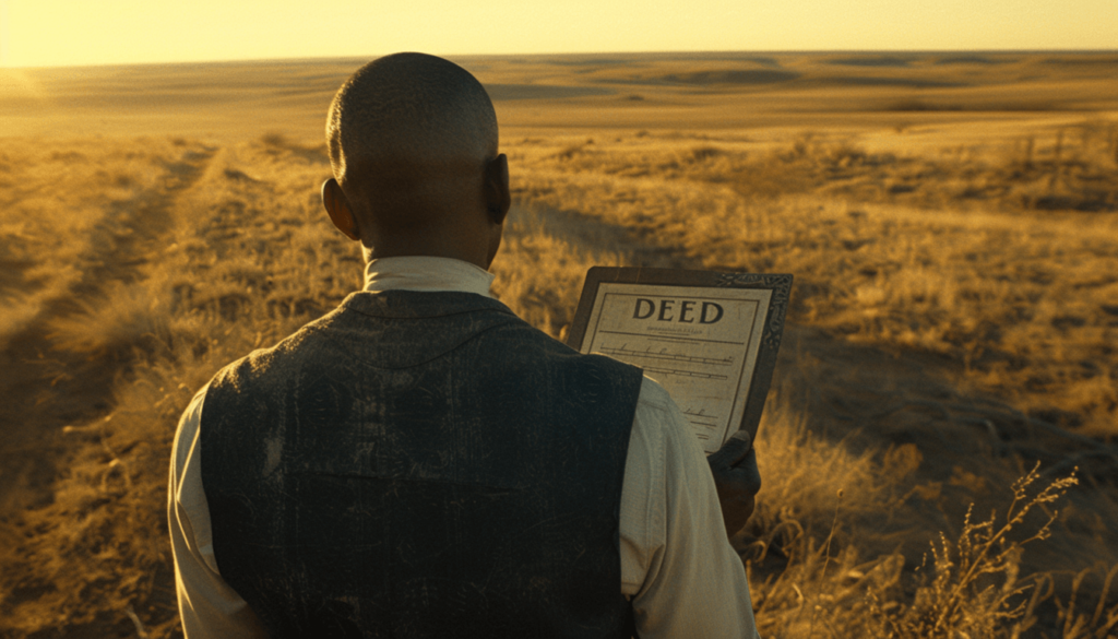 An over-the-shoulder view of O.W. Gurley holding an open land deed, looking out over the vast Oklahoma prairie in 1906, symbolizing the founding vision for Black Wall Street.