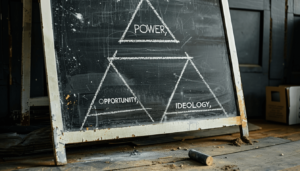 Black Wall Street: Tulsa’s Greenwood District and the Legacy of Economic Power 4 A chalkboard diagram of a triangle labeled Power, Opportunity, and Ideology, representing the scholarly framework for analyzing the racial violence of the Tulsa Massacre.