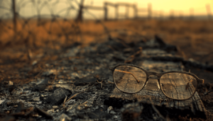 Black Wall Street: Tulsa’s Greenwood District and the Legacy of Economic Power 2 A symbolic image of a pair of eyeglasses in ashes near barbed wire, representing the human toll of death, detention, and destruction during the 1921 Tulsa Race Massacre.