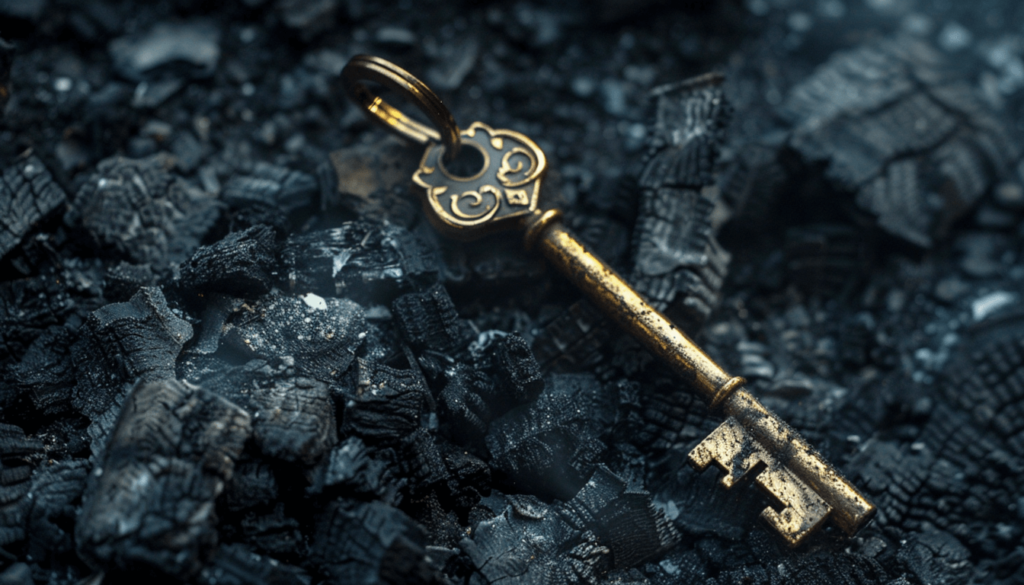  A symbolic close-up of a bent key from the Gurley Hotel lying in the charred rubble after the 1921 Tulsa Race Massacre.