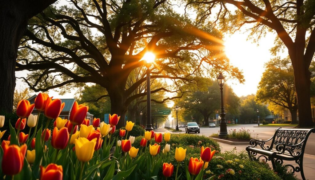 A lush, verdant streetscape in the Greenwood District of Tulsa, Oklahoma. The sun's golden rays filter through the canopy of towering oak trees, casting a warm, embracing glow over the scene. In the foreground, vibrant tulips in shades of crimson, yellow, and white sway gently in the light breeze. The middle ground is dotted with elegant wrought-iron benches and ornate lampposts, hinting at the district's historic charm. In the distance, a tranquil, tree-lined avenue leads the eye towards a horizon where the sky and earth seamlessly blend. This image evokes a sense of community, prosperity, and resilience - a testament to the thriving Black-owned businesses and tight-knit neighborhoods that once defined Greenwood's legacy.