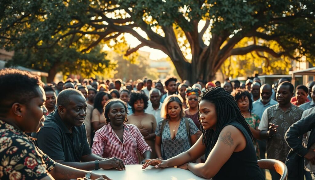 A vibrant community gathering in the heart of Greenwood, Tulsa, bathed in warm, golden sunlight. In the foreground, a group of Black entrepreneurs and business owners, their faces etched with determination and resilience, gather around a table, discussing strategies to rebuild and thrive in the face of adversity. In the middle ground, a crowd of supportive community members, their expressions resolute, stand united, arms linked, symbolizing the strength of their collective spirit. The background is a tapestry of lush greenery and towering oak trees, representing the deep roots and enduring resilience of this historic neighborhood. The scene is captured through a wide-angle lens, highlighting the unity, purpose, and unwavering commitment to economic empowerment that define the essence of Black Wall Street and its enduring legacy.