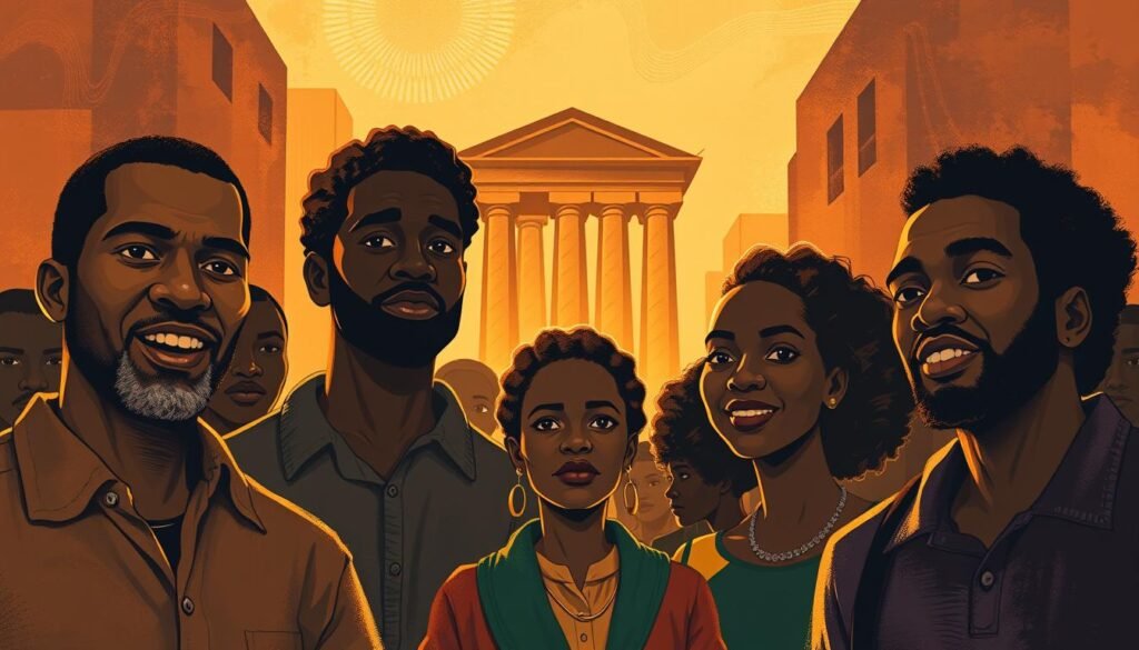 A vibrant illustration showcasing the core principles of self-reliance, education, collaboration, and ownership that embody the spirit of Black Wall Street. In the foreground, a group of Black individuals stand united, their expressions radiating determination and pride. Textured brushstrokes capture the depth of their connection, while warm, golden lighting illuminates their faces, signifying the strength and resilience of the community. In the middle ground, abstract shapes and geometric patterns represent the pillars of their economic empowerment - education, resourcefulness, and a shared commitment to collective prosperity. The background features a rich, earthy palette, evoking a sense of grounded, historical significance, a testament to the enduring legacy of Black entrepreneurship and financial independence.