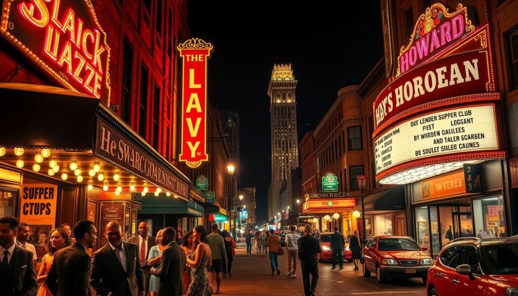 A vibrant night scene on the historic Black Broadway of Washington D.C., illuminated by the warm glow of neon signs and streetlights. In the foreground, a group of well-dressed patrons spill out of a legendary jazz club, their animated conversations and laughter mingling with the soulful melodies drifting into the air. The middle ground features a bustling street lined with thriving businesses - from elegant supper clubs to lively barbershops and tailor shops, all contributing to the rich tapestry of the Black community's cultural and economic vitality. In the distance, the iconic Howard Theatre stands tall, a testament to the enduring legacy of Black artistic excellence. The scene exudes an atmosphere of energy, pride, and resilience, capturing the golden years of Black Broadway's vibrant musical and entrepreneurial spirit.