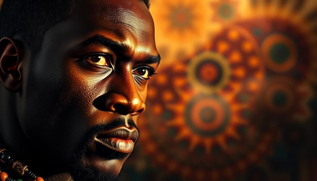 A vibrant, textured portrait of Black cultural pride. In the foreground, a close-up of a proud, strong-jawed Black man gazing intently, his eyes shining with determination. His skin is rich and warm, lit dramatically from the side, casting shadows that accentuate his features. In the middle ground, a swirling kaleidoscope of colorful African textiles, beads, and jewelry, conveying the depth and richness of Black artistic and cultural expression. The background is hazy and atmospheric, with hints of geometric patterns and abstract shapes in shades of ochre, terracotta, and indigo, evoking the ancestral heritage and resilience of the Black community. Dramatic, cinematic lighting casts the scene in a powerful, almost mythic, aura.