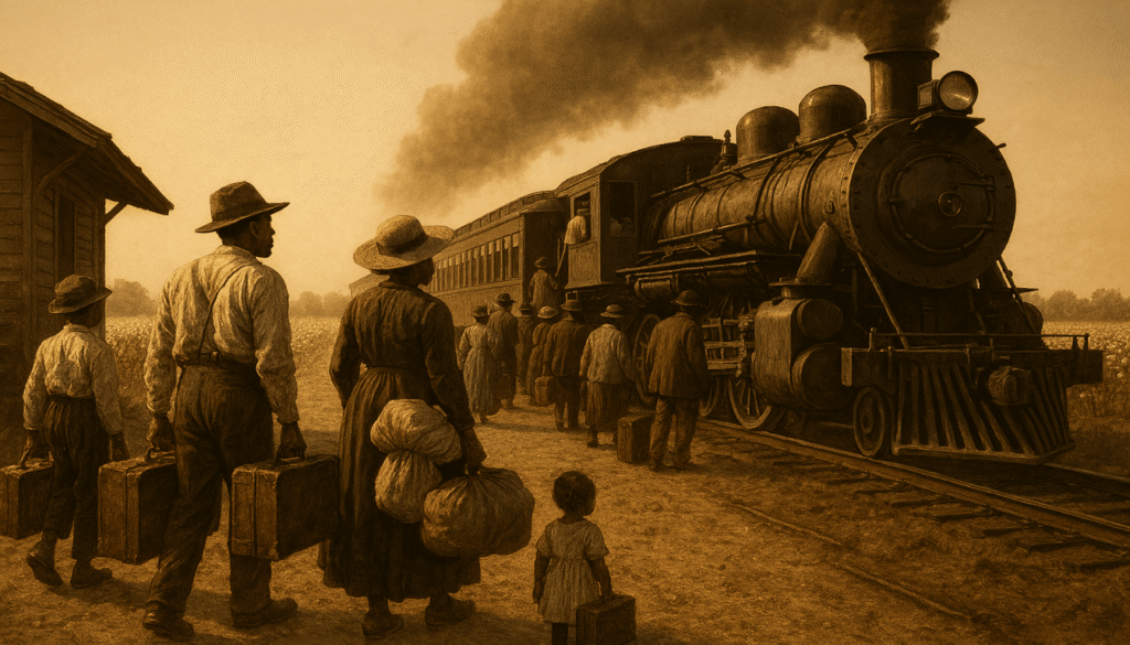 African American family boarding a northbound train during the Great Migration, leaving the rural South for Northern cities like Harlem.