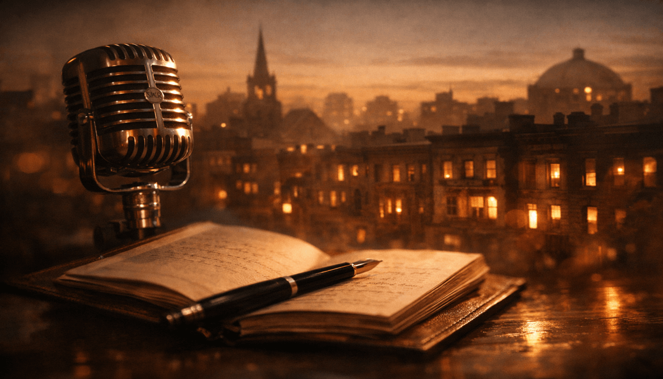 A cinematic image of a vintage microphone and book dissolving into the Harlem skyline, symbolizing the literary and musical legacy of the Harlem Renaissance.