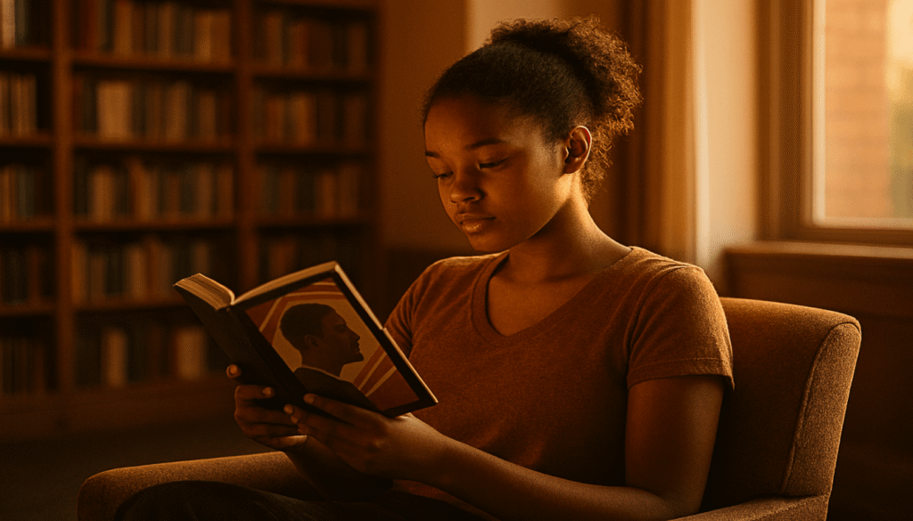 A young Black woman reading a Langston Hughes poetry collection in a sunlit library, symbolizing the enduring relevance of Harlem Renaissance literature for new generations.