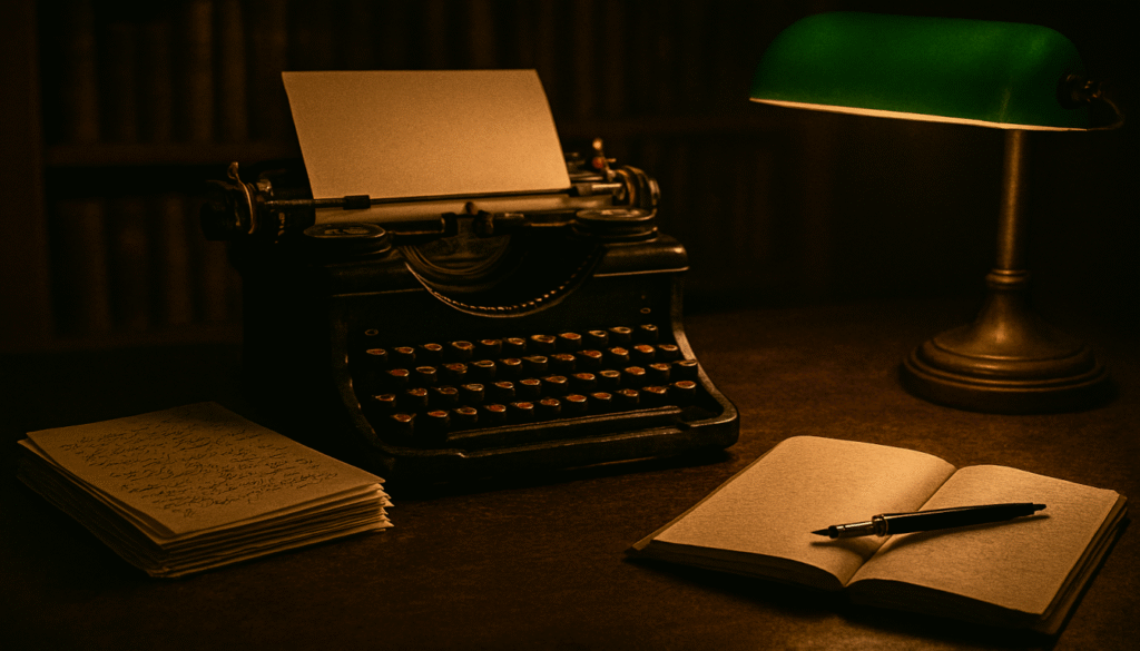 A vintage typewriter, manuscripts, and fountain pen on a 1920s writer's desk, evoking the creative workspace of Harlem Renaissance writers like Langston Hughes and Zora Neale Hurston.